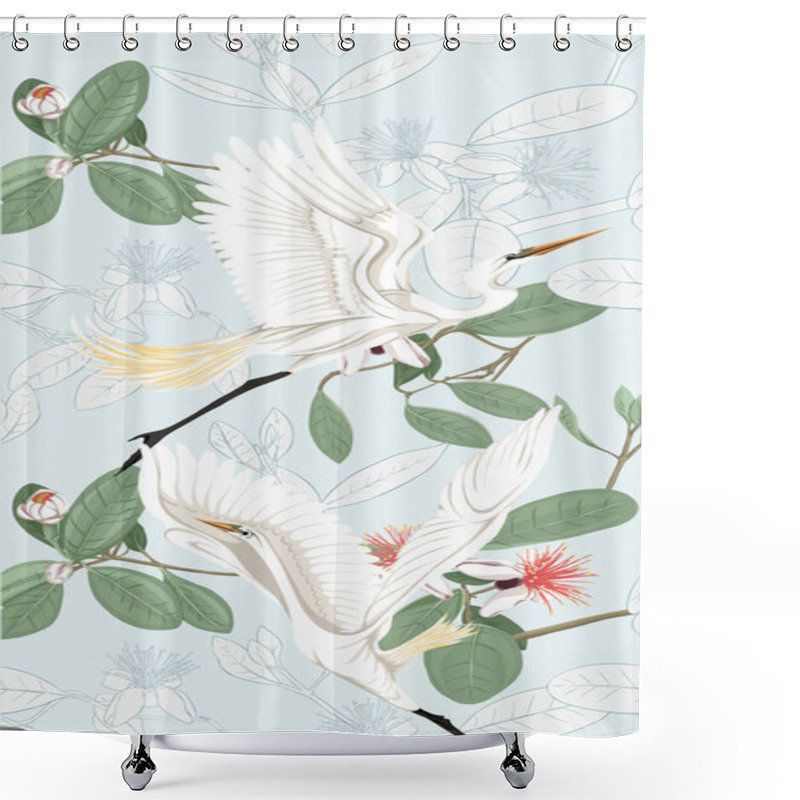 Personality  Pattern, Background With With Feijoa Flowers With Herons . Vector Illustration.  On Soft Blue Background. Colored And Outline Design. Shower Curtains