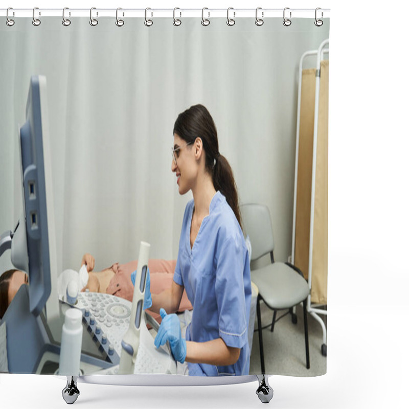 Personality  A Skilled Gynecologist Conducts An Ultrasound, Ensuring Patient Comfort And Care During The Visit. Shower Curtains