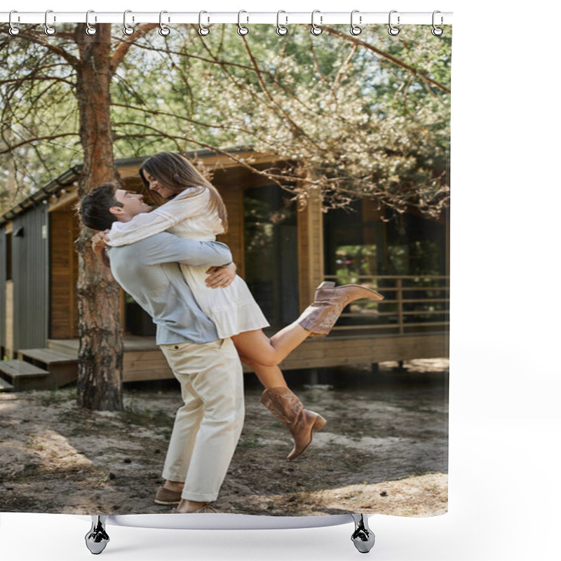 Personality  Happy Man Lifting And Hugging Woman In Vacation House, Forest, Look At Each Other, Romance And Love Shower Curtains