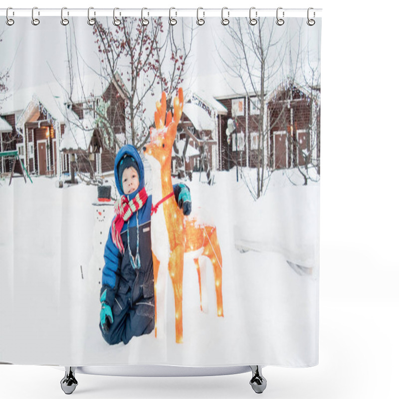 Personality  A Boy In A Winter Village Yard Decorated For Christmas Shower Curtains