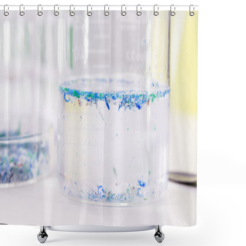 Personality  Becker Cup With Polluted Water, Contaminated With Traces Of Plastic And Micro Plastic, Polymer Particles Analyzed In The Laboratory Shower Curtains