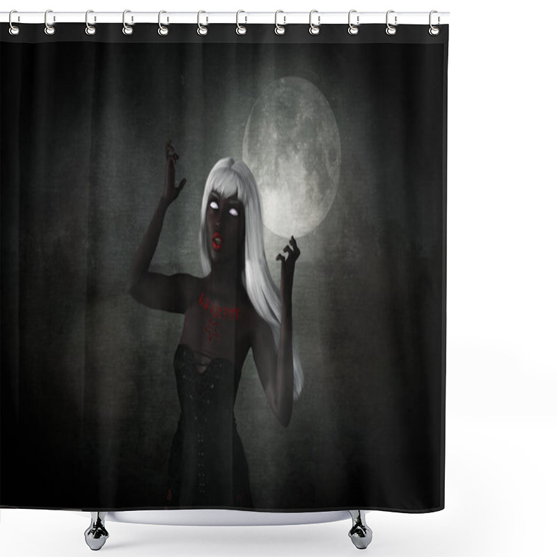 Personality  Surreal 3D Fantasy Render Of A White-haired African American Woman With Glowing White Eyes, Set Against An Eerie Moon. Dark Make-up On Body And Face. Disproportioned Features.  Shower Curtains