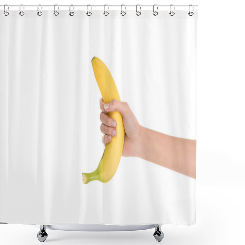 Personality  Cropped Shot Of Woman Holding Fresh Banana In Hand Isolated On White Shower Curtains