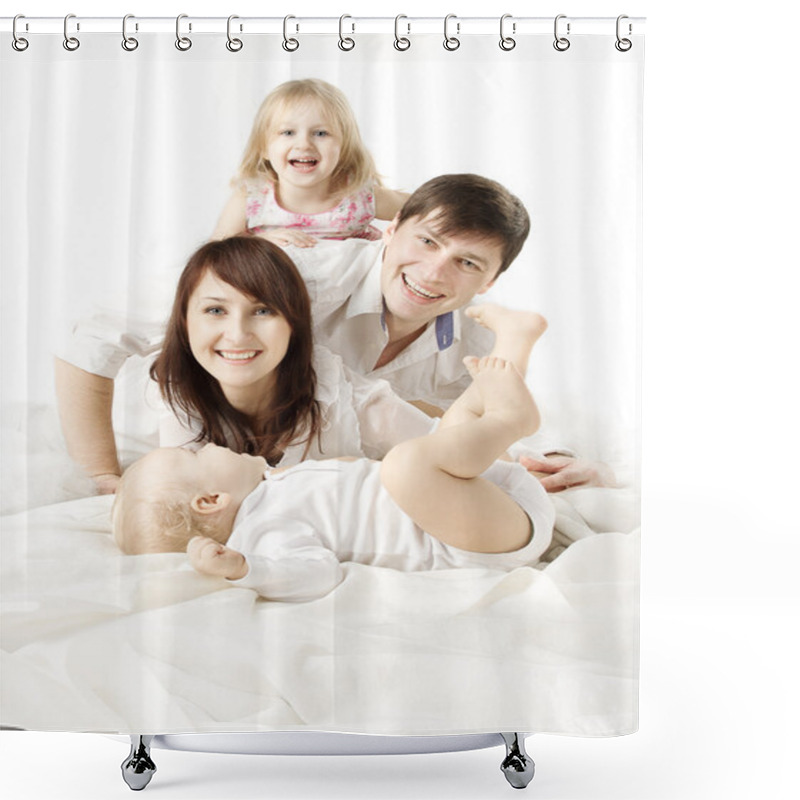 Personality  Happy Family: Parents Playing With Two Kids In Bed. Looking At C Shower Curtains