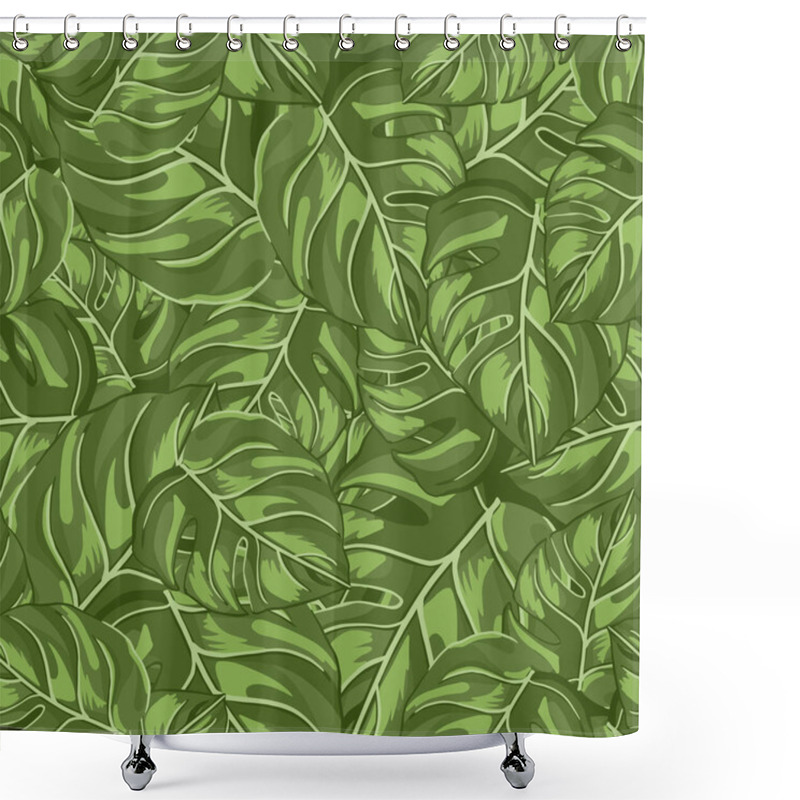 Personality  Tropical Seamless Pattern Random On Green Background. Abstract Texture Decoration With Leaf Monstera Real Green Color. Fashion Of Summer Nature Jungle For Print. Vector Illustration Design. Shower Curtains