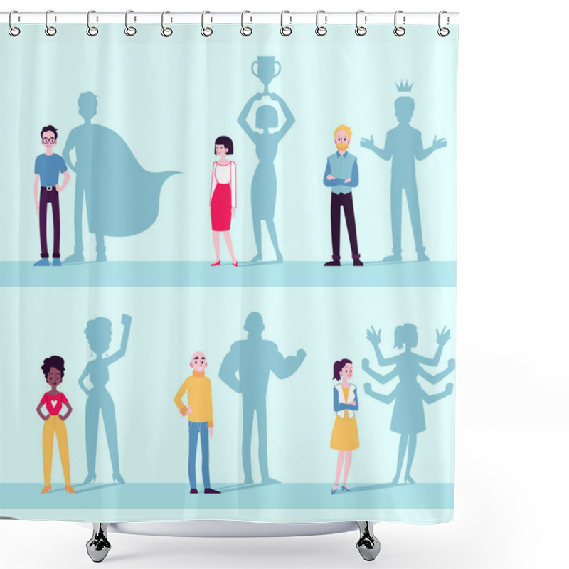 Personality  Motivated People Icon Set With Superhero Shadow Flat Vector Illustration Isolated. Shower Curtains