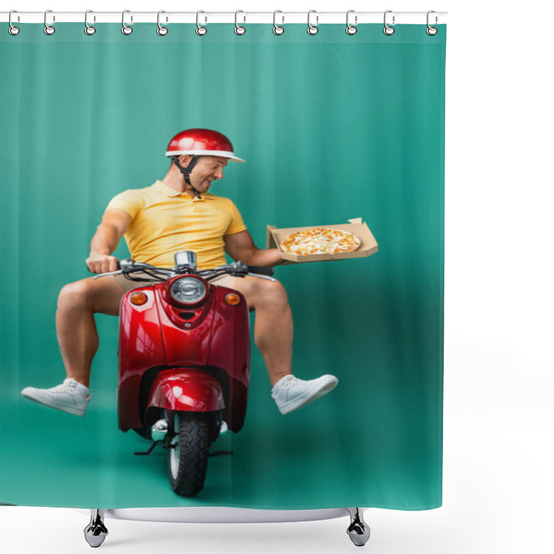 Personality  Excited Delivery Man In Helmet Riding Scooter While Holding Tasty Pizza In Box On Blue Shower Curtains