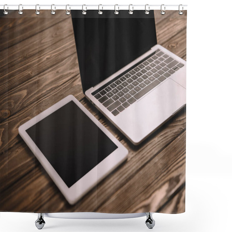 Personality  Digital Tablet And Laptop With Blank Screens On Wooden Table Shower Curtains