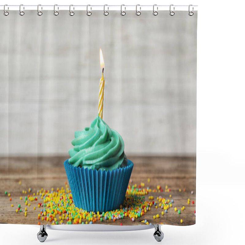 Personality  Delicious Birthday Cupcake With Cream And Burning Candle On Wooden Table Shower Curtains