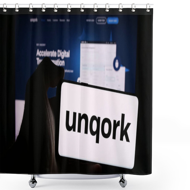 Personality  Stuttgart, Germany - 08-25-2024: Person Holding Mobile Phone With Logo Of US Enterprise Application Platform Company Unqork Inc. In Front Of Web Page. Focus On Phone Display. Shower Curtains