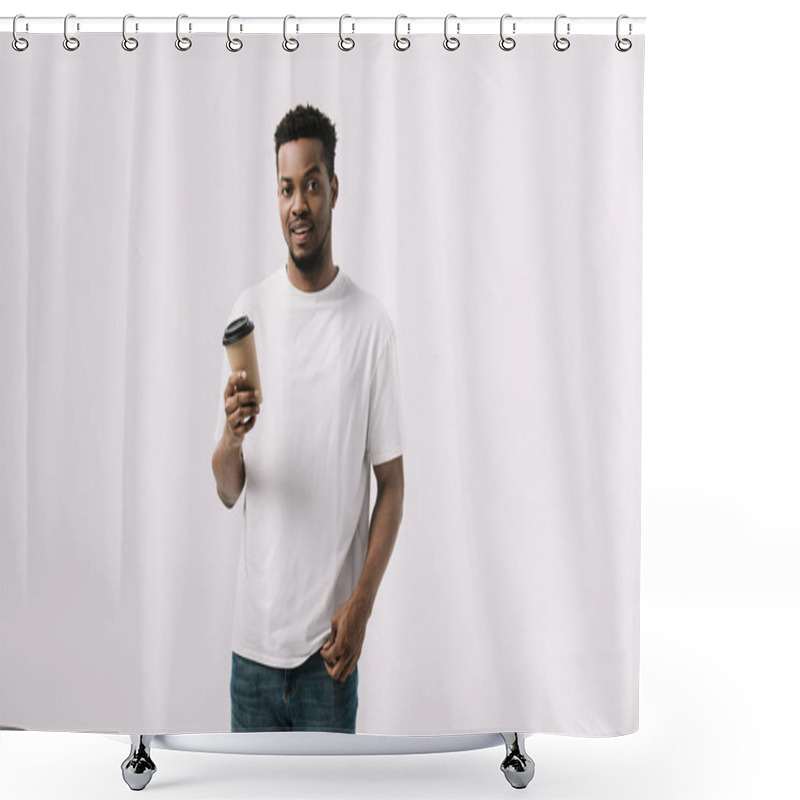 Personality  Curly African American Man Holding Paper Cup Isolated On White  Shower Curtains