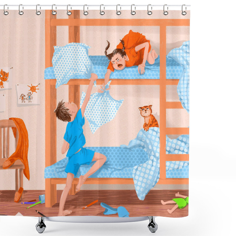 Personality  Small Children Have A Pillow Fight In The Bedroom. Scattered Toys And Drawings, A Pet Watching The Battle. Bright Color Illustration Hand Drawn Shower Curtains