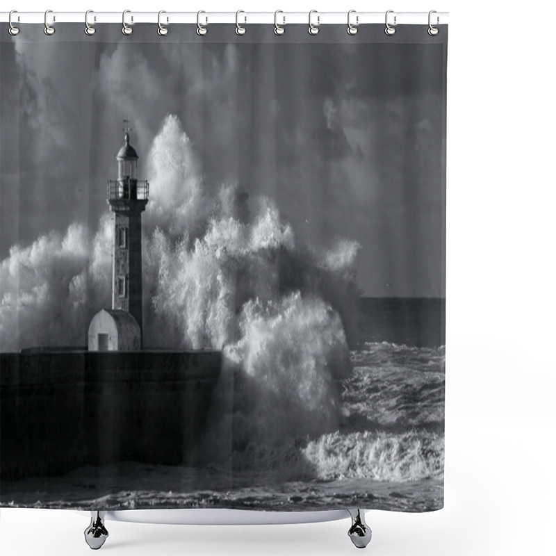 Personality  Infrared Stormy Waves Over Old Lighthouse Shower Curtains