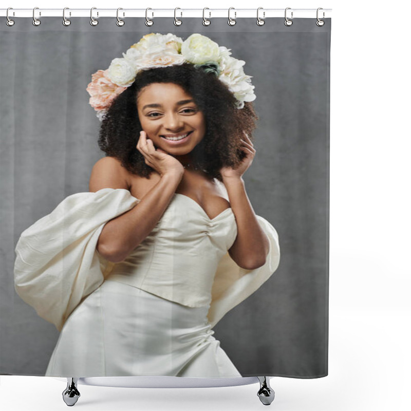 Personality  A Beautiful African American Bride In A White Wedding Dress With Flowers In Her Hair Smiles Radiantly Against A Grey Backdrop. Shower Curtains