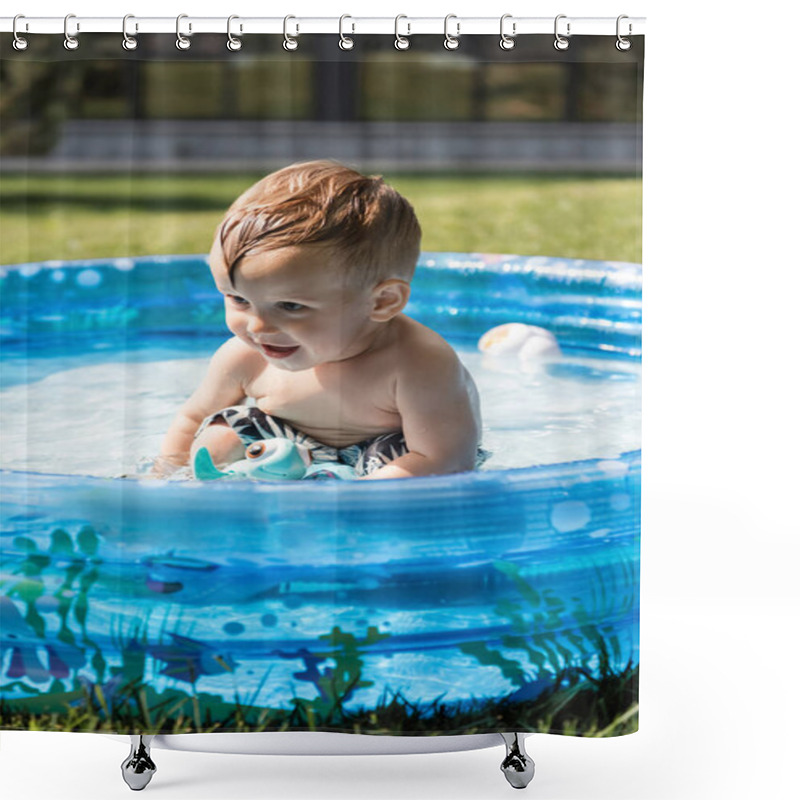 Personality  Cheerful Toddler Boy Sitting In Inflatable Pool With Rubber Toys Shower Curtains