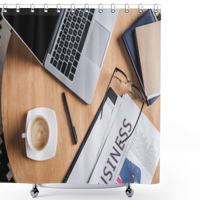 Personality  Top View Of Business Workplace With Laptop And Newspaper Shower Curtains