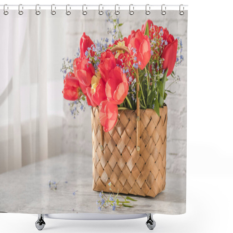 Personality  Summer Or Spring Bouquet Of Daffodils And Red Tulips In A Wicker Basket Located On A White Background. Blossom Of Spring Flowers. Shower Curtains