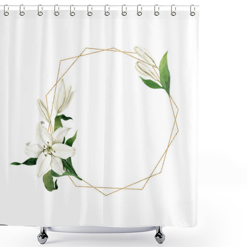 Personality  Watercolor White Lilies With Thin Round Golden Geometric Frame Isolated On White Background. Hand Drawn Clipart For Wedding Invitations, Greeting Cards, Birthday Invitations. Shower Curtains