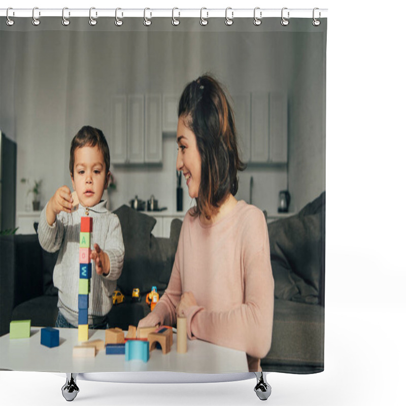 Personality  Selective Focus Of Little Kid And His Mother Playing Blocks Wood Tower Game At Home Shower Curtains