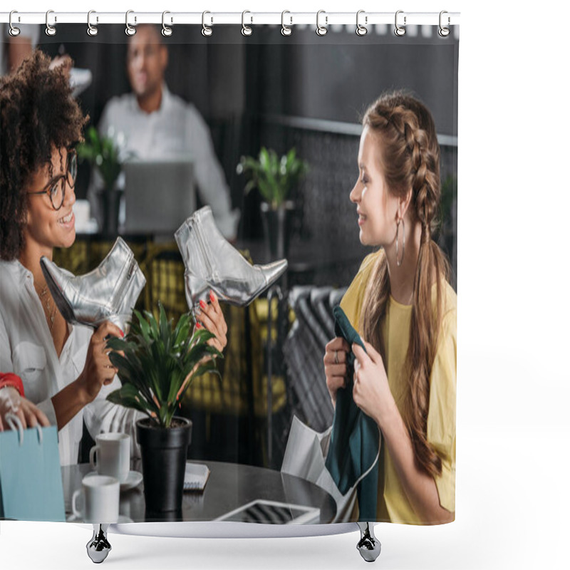 Personality  Young Female Shoppers Spending Time In Cafe Shower Curtains