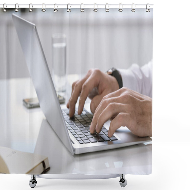 Personality  Hands Of Contemporary Businessman Or Entrepreneur Touching Keys Of Laptop Keypad While Working With Online Data Shower Curtains