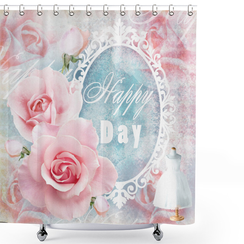 Personality  Holiday Tender Floral Card In Pink Tones With Roses, Mirror And Text Field. Wedding Theme.  Used For Greeting Cards, Invitations, Banners, Wraps, Textile,wallpaper, Web Page Background. Shower Curtains