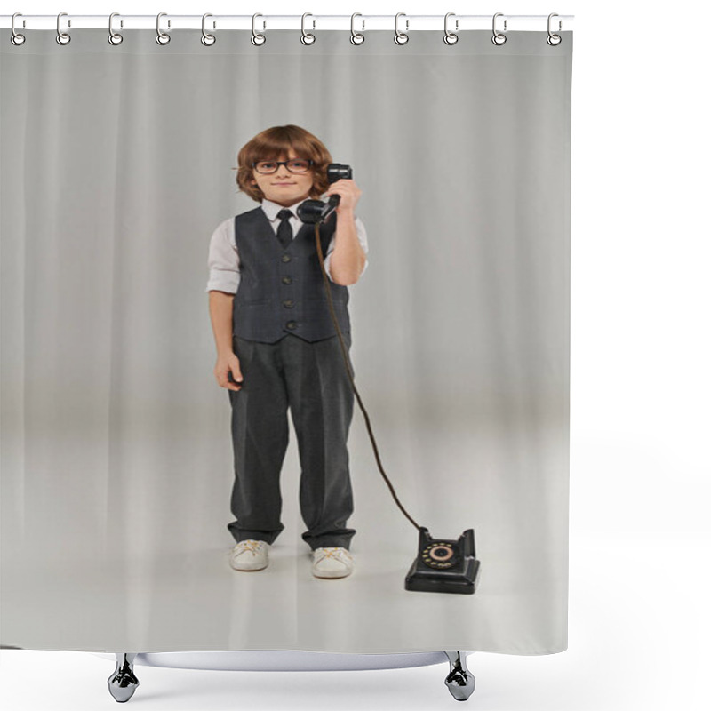 Personality  Well-dressed Young Gentleman In Elegant Vest With Tie And Glasses Holding Retro Telephone On Grey Shower Curtains