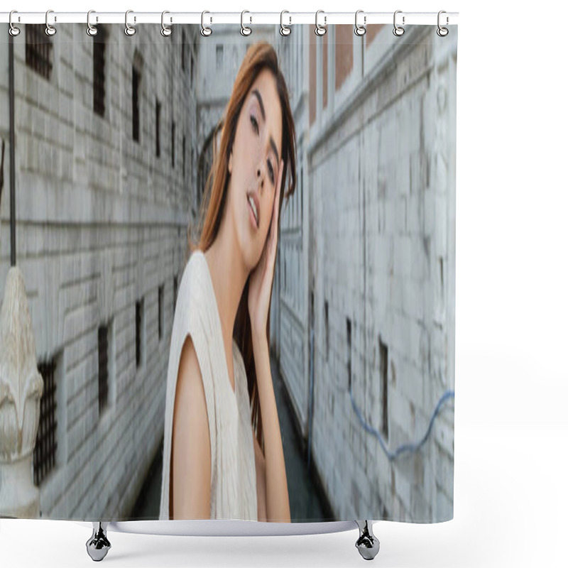 Personality  Young Woman Looking At Camera Near Medieval Venetian Building On Blurred Background, Banner Shower Curtains