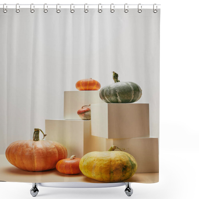 Personality  Autumnal Decoration With Orange, Yellow And Green Pumpkins On Cubes And Table Shower Curtains