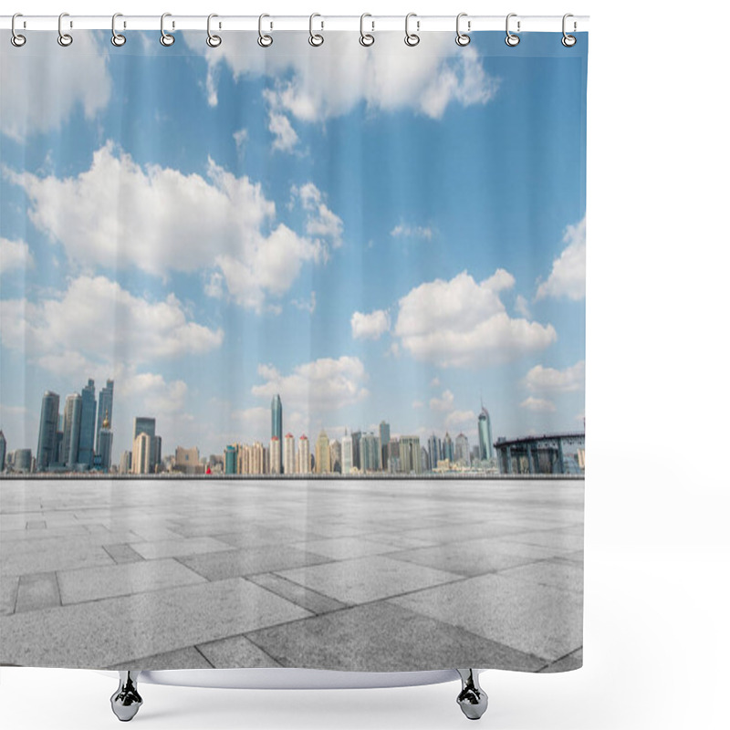 Personality  Empty Marble Floors And City Views Under The Blue Sky Shower Curtains