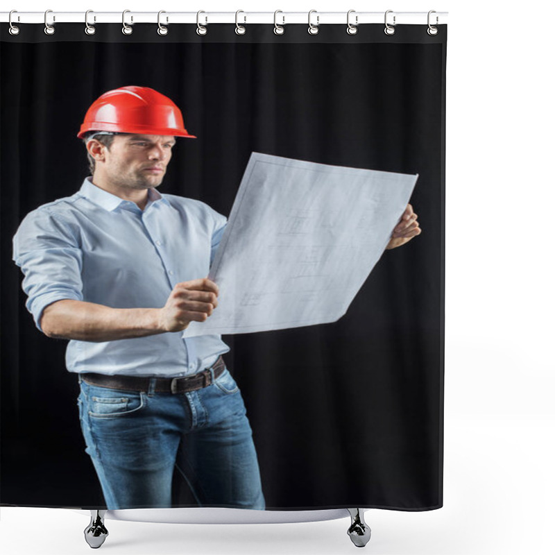 Personality  Male Engineer With Blueprint Shower Curtains