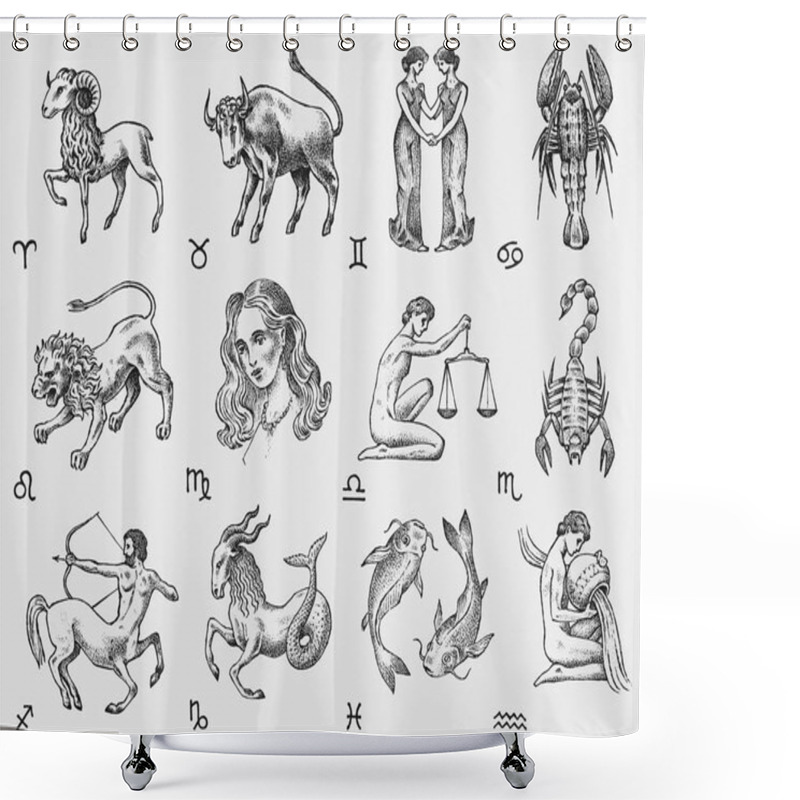 Personality  Zodiac Icons. Astrology Horoscope With Signs. Calendar Template. Collection Outline Animals. Vintage Style. Libra Scorpio Sagittarius Capricorn Aquarius Pisces. Aries Taurus Gemini Cancer Leo Virgo. Shower Curtains