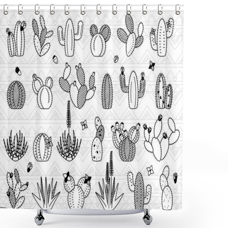 Personality  Vector Set Of Doodle Cactus And Succulent Plants Shower Curtains