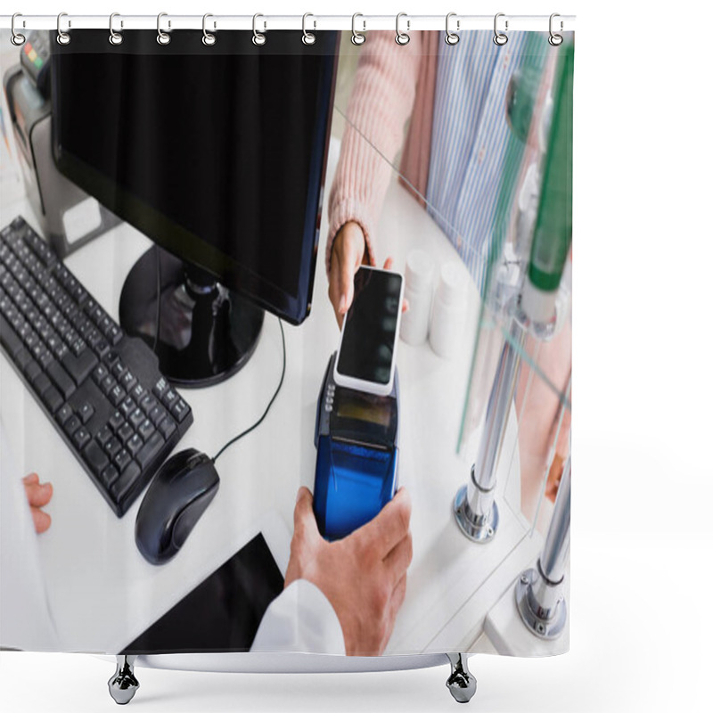 Personality  Cropped View Of Customer Paying With Smartphone In Drugstore  Shower Curtains