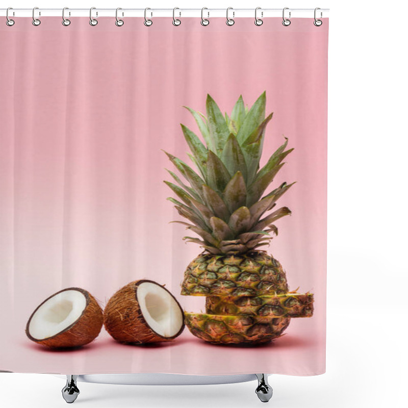 Personality  Cut Ripe Pineapple And Fresh Coconut Halves On Pink Background Shower Curtains