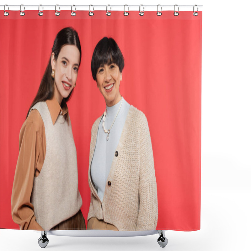 Personality  Happy Asian Mother And Daughter In Stylish Casual Clothes Smiling At Camera Isolated On Coral Shower Curtains