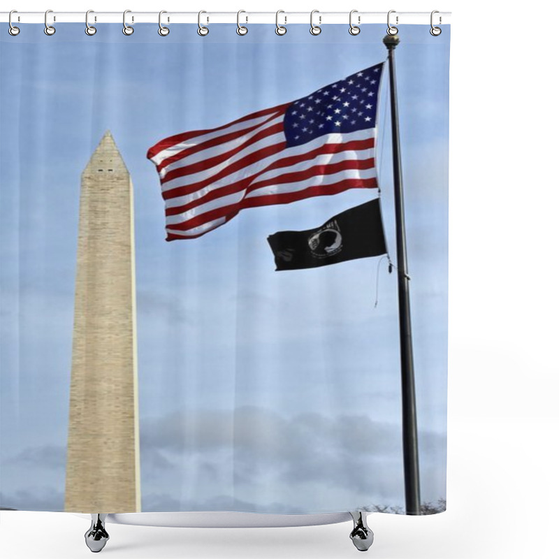 Personality  USA Flag Next To POW MIA Flag With Washington Monument In The Background Shower Curtains