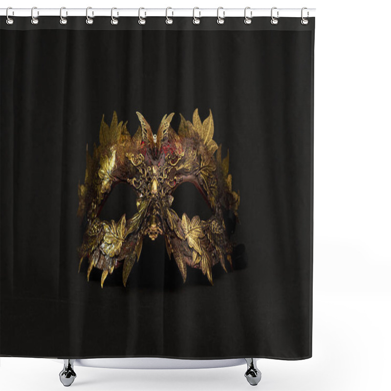 Personality  Venetian Mask In Gold And Red With Metallic Pieces In The Form Of Leaves. Original And Unique Design, Handmade Crafts Shower Curtains