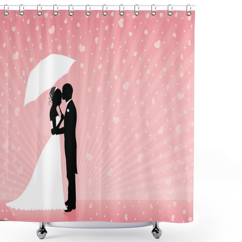 Personality  Silhouettes Of Groom And Bride Standing And Hugging On The Pink Background. Groom Holding An Umbrella. Raining Hearts. Shower Curtains