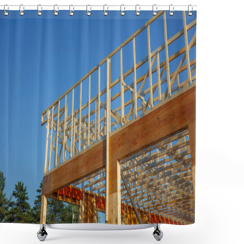 Personality  A Partially Constructed House Featuring A Wooden Frame And Beams, Highlighting Architectural Design, Structural Framework, And Carpentry Work Against A Clear Blue Sky. Shower Curtains