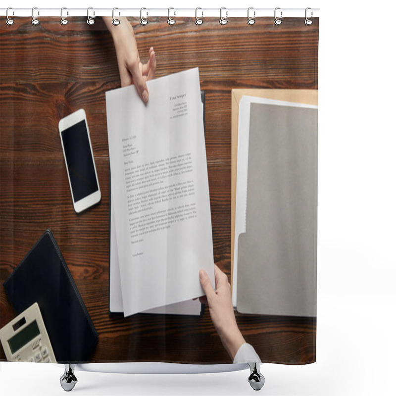 Personality  Top View Of Businesspeople Holding Contract At Workplace With Copy Space  Shower Curtains