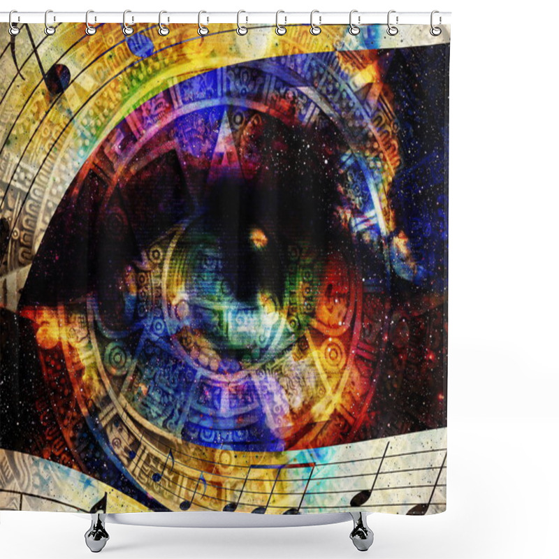 Personality  Ancient Mayan Calendar And Woman Eye With  Music Note, Abstract Color Background, Computer Collage. Shower Curtains