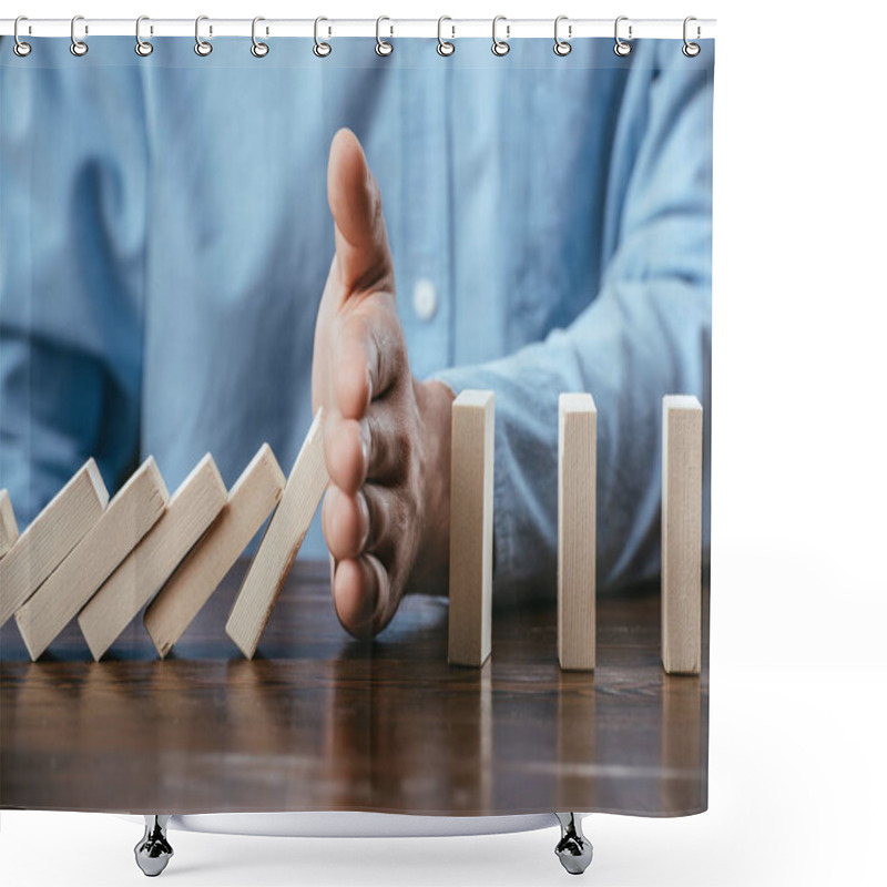 Personality  Close Up View Of Man Sitting At Desk And Preventing Wooden Blocks From Falling  Shower Curtains