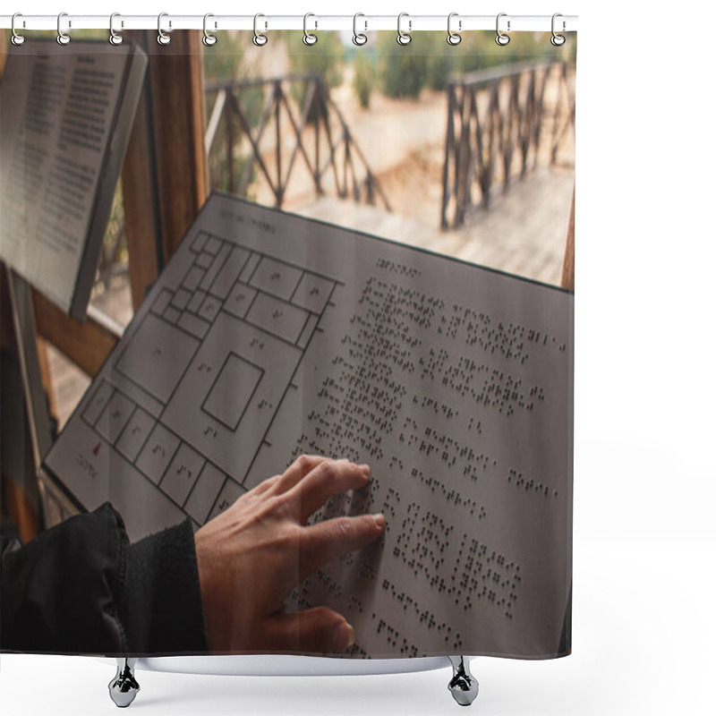 Personality  PAPHOS, CYPRUS - MARCH 31, 2020: Cropped View Of Disabled Woman Reading Braille Text In Book  Shower Curtains