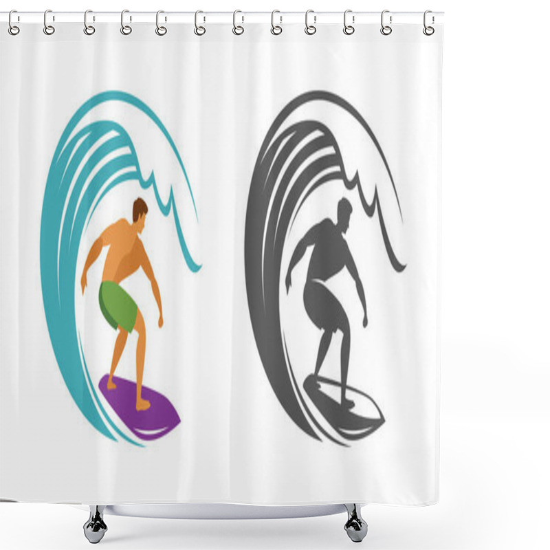 Personality  Surfing Symbol. Surfer And Wave Emblem Vector Shower Curtains