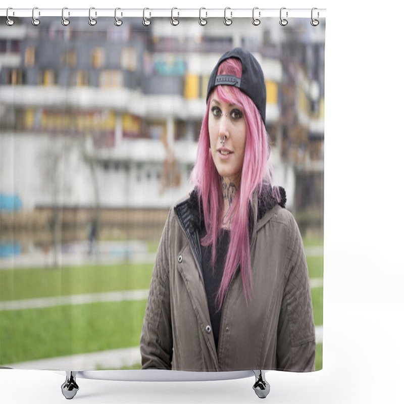 Personality  Woman With Pink Hair At Run-down Housing Estate Shower Curtains