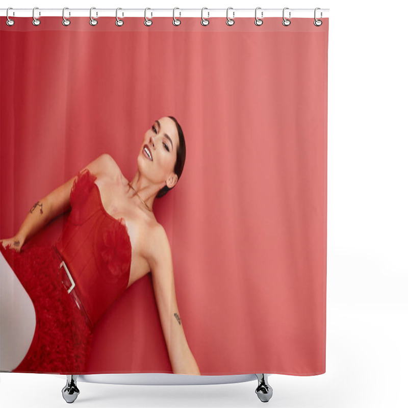 Personality  A Young Beautiful Woman Showcases Elegance In A Red Dress, Lying Against A Bold Backdrop. Shower Curtains