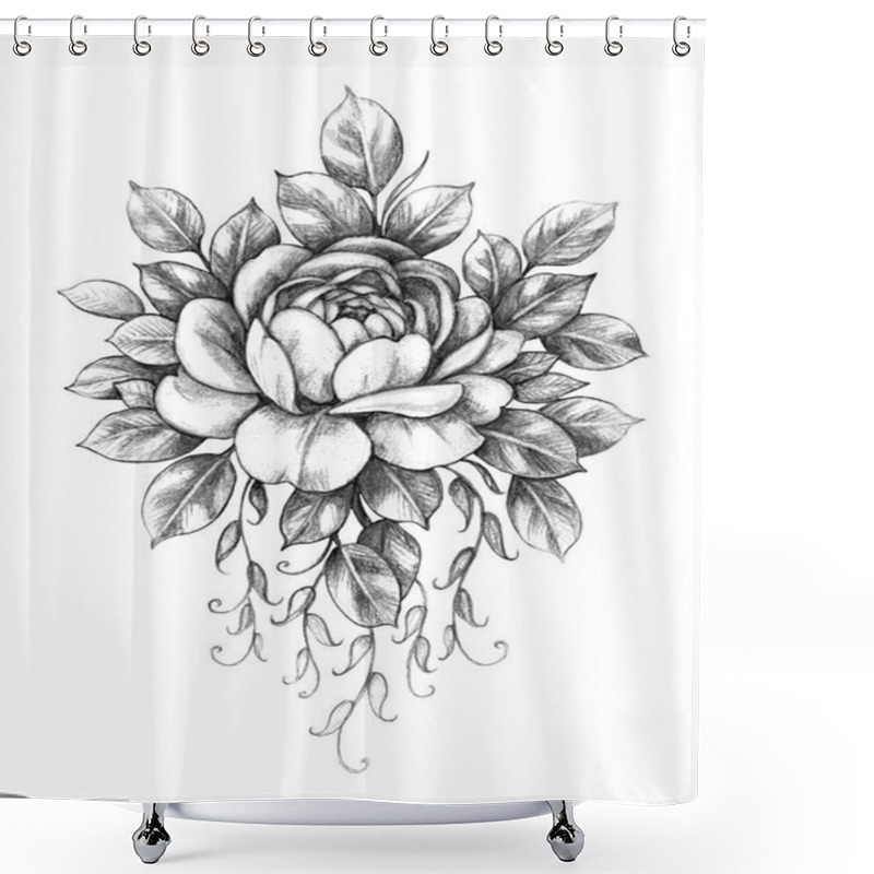 Personality  Hand Drawn Floral Composition With Rose Flower And Leaves Isolated On White Background. Monochrome Pencil Drawing Sketch Romantic Tattoo Design, Floral Decoration And Illustration In Vintage Style.  Shower Curtains