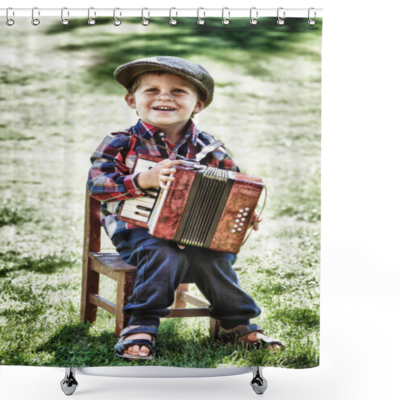 Personality  Happy Young Boy Playing Accordion In Summer Shower Curtains