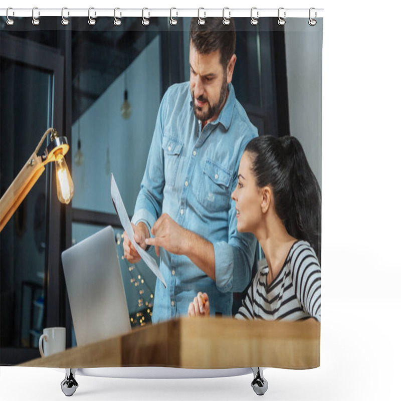 Personality  Smart Nice Man Pointing At The Document Shower Curtains